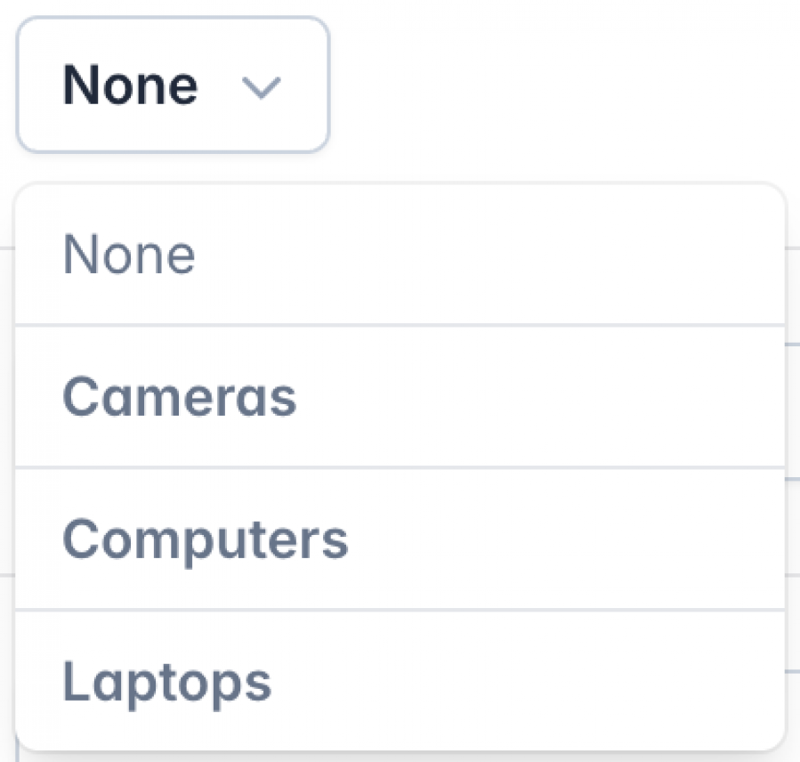 Dropdown menu displaying category options for asset classification, including 'None,' 'Cameras,' 'Computers,' and 'Laptops.'