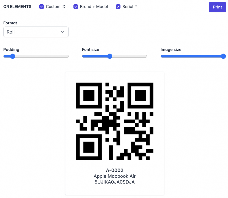 A QR code printing setup page displaying a large QR label for asset 'A-0002 Apple MacBook Air' with serial number '5UJIKA0JA0SDJA.' The top section has toggles for QR elements: 'Custom ID,' 'Brand + Model,' and 'Serial #,' all selected. The format is set to 'Roll.' Sliders control 'Padding,' 'Font size,' and 'Image size,' with the image size set to maximum. A 'Print' button is positioned in the top right corner.