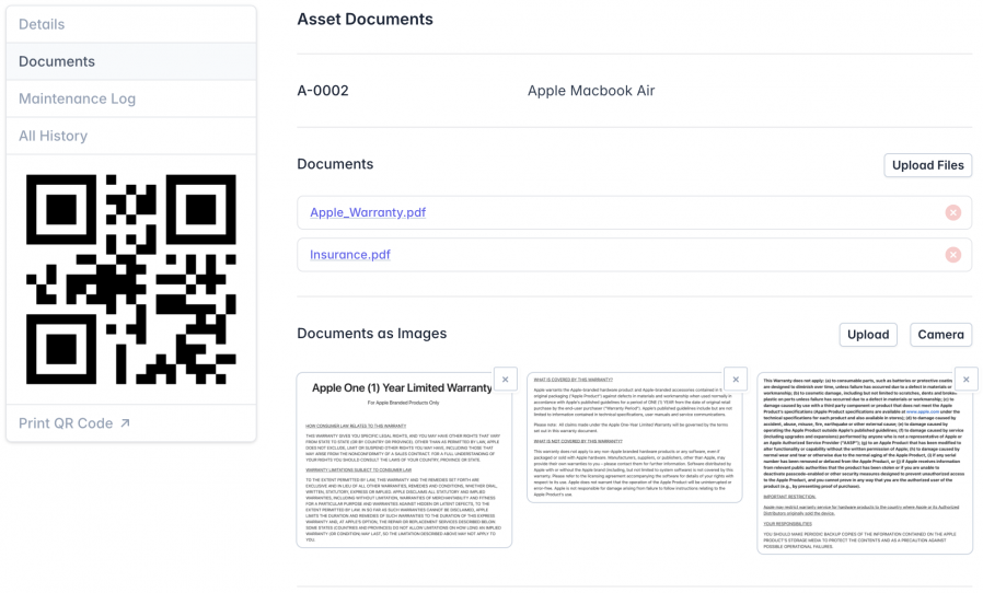 An 'Asset Documents' page displaying documents related to an Apple MacBook Air with Custom ID 'A-0002'. The left panel includes options for 'Details,' 'Documents,' 'Maintenance Log,' and 'All History,' along with a QR code and a 'Print QR Code' button. The main section lists two attached documents, 'Apple_Warranty.pdf' and 'Insurance.pdf,' each with a delete button. Below, there is a 'Documents as Images' section displaying three preview images of warranty documents, each with a delete button. There are also 'Upload' and 'Camera' buttons for adding more images.
