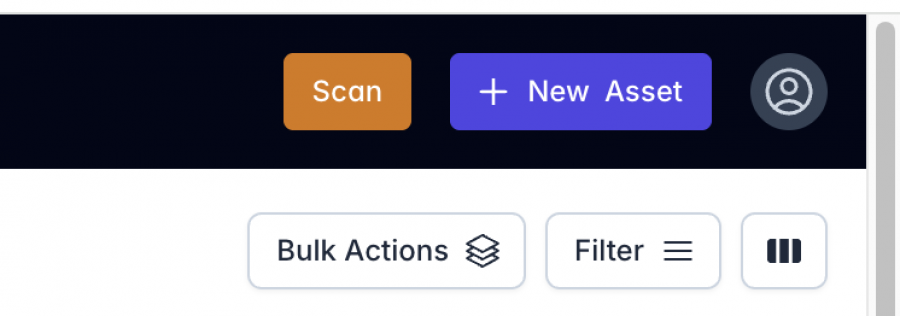 A navigation section of an asset management dashboard featuring a brown 'Scan' button, a purple '+ New Asset' button, and a profile icon on the right. Below, there are 'Bulk Actions' and 'Filter' buttons, along with a layout toggle button.