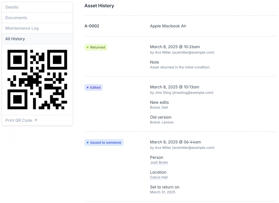 An 'Asset History' page for an Apple MacBook Air with Custom ID 'A-0002'. The left panel includes options for 'Details,' 'Documents,' 'Maintenance Log,' and 'All History,' along with a QR code and a 'Print QR Code' button. The main section logs various asset activities.