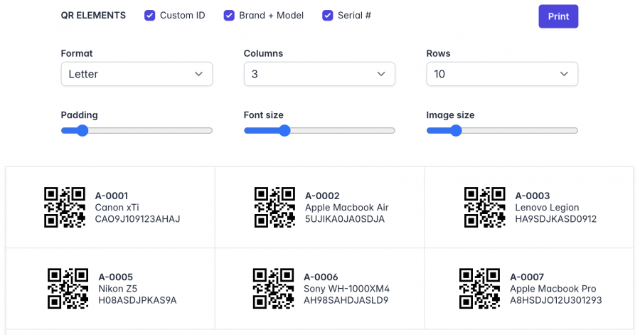 A QR code printing setup page displaying customization options for QR labels. The top section includes toggles for QR elements: 'Custom ID,' 'Brand + Model,' and 'Serial #,' all selected. Below, dropdowns allow selecting the 'Format' (set to 'Letter'), 'Columns' (set to 3), and 'Rows' (set to 10). Sliders control 'Padding,' 'Font size,' and 'Image size.' The bottom section displays sample QR labels for multiple assets, including 'A-0001 Canon XTi,' 'A-0002 Apple MacBook Air,' 'A-0003 Lenovo Legion,' 'A-0005 Nikon Z5,' 'A-0006 Sony WH-1000XM4,' and 'A-0007 Apple MacBook Pro.' Each label includes a QR code, asset information, and serial number. A 'Print' button is positioned in the top right corner.