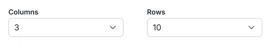 Two dropdown selectors labeled 'Columns' and 'Rows,' set to values 3 and 10, allowing customization of the QR code label layout.