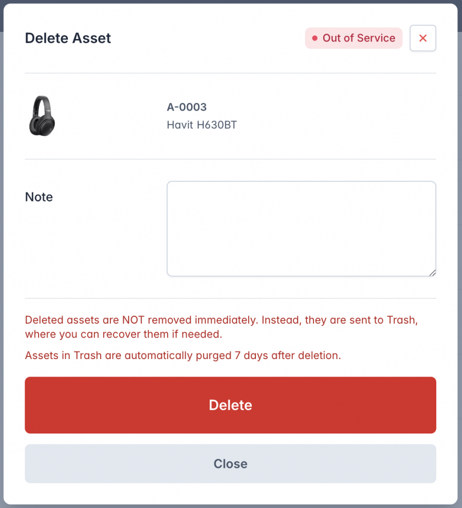 Delete asset confirmation modal displaying details of an asset marked 'Out of Service.' The modal includes a note field, an image upload section, and a warning message stating that deleted assets first go to Trash and can be recovered within 7 days before being permanently removed. A large red 'Delete' button is prominently displayed.