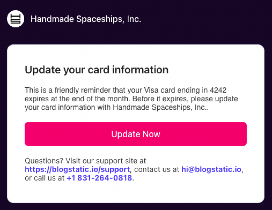 stripe email notifying the customer about the expiring card on file