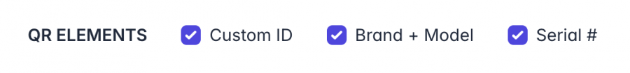 A section titled 'QR ELEMENTS' displaying three selectable options with checkboxes: 'Custom ID,' 'Brand + Model,' and 'Serial #.' All three options are checked, indicating they are enabled.