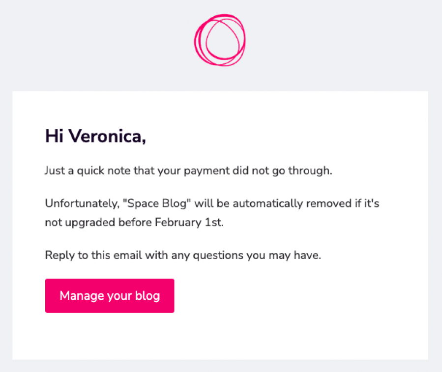 blogstatic email notifying the customer about their failed payment