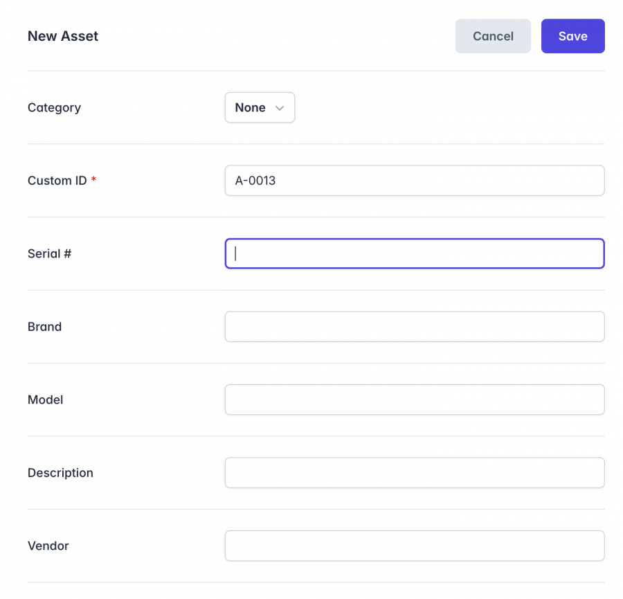 A form interface for adding a new asset. It includes fields for Category (dropdown), Custom ID (pre-filled with 'A-0013'), Serial Number, Brand, Model, Description, and Vendor. At the top right, there are 'Cancel' and 'Save' buttons, with 'Save' highlighted in purple.