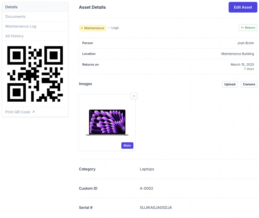 An 'Asset Details' page in an asset management system displaying information about a MacBook Air laptop. On the left, there is a QR code with options for 'Print QR Code,' 'Details,' 'Documents,' 'Maintenance Log,' and 'All History.' The main section shows the asset status as 'Maintenance,' assigned to 'Josh Brolin' at 'Maintenance Building,' with a return date of March 15, 2025 (7 days remaining). Below, there is an image of the MacBook Air marked as 'Main,' with options to 'Upload' or use the 'Camera' to add more images. Additional details include the category ('Laptops'), custom ID ('A-0002'), and serial number ('5UJIKA0JA0SDJA'). At the top-right, there are 'Edit Asset' and 'Return' buttons.